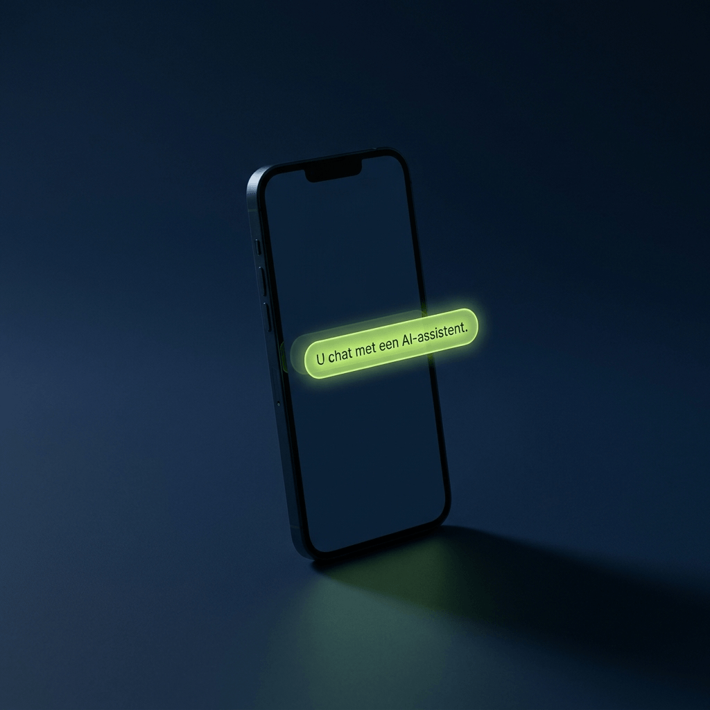 Smartphone in het donker met een oplichtende chatbubbel met de tekst chat met een AI assistent.