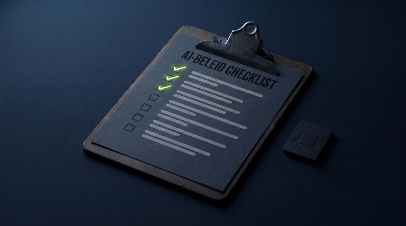 Een klembord met een AI-beleid-checklist en groene vinkjes naast een klein AI-chipje.