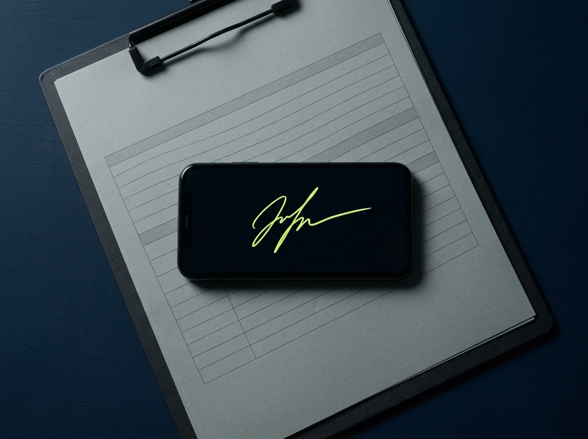 A clipboard with a grey paper work order on a matte navy surface, with a smartphone on top whose screen shows a single neon-green signature