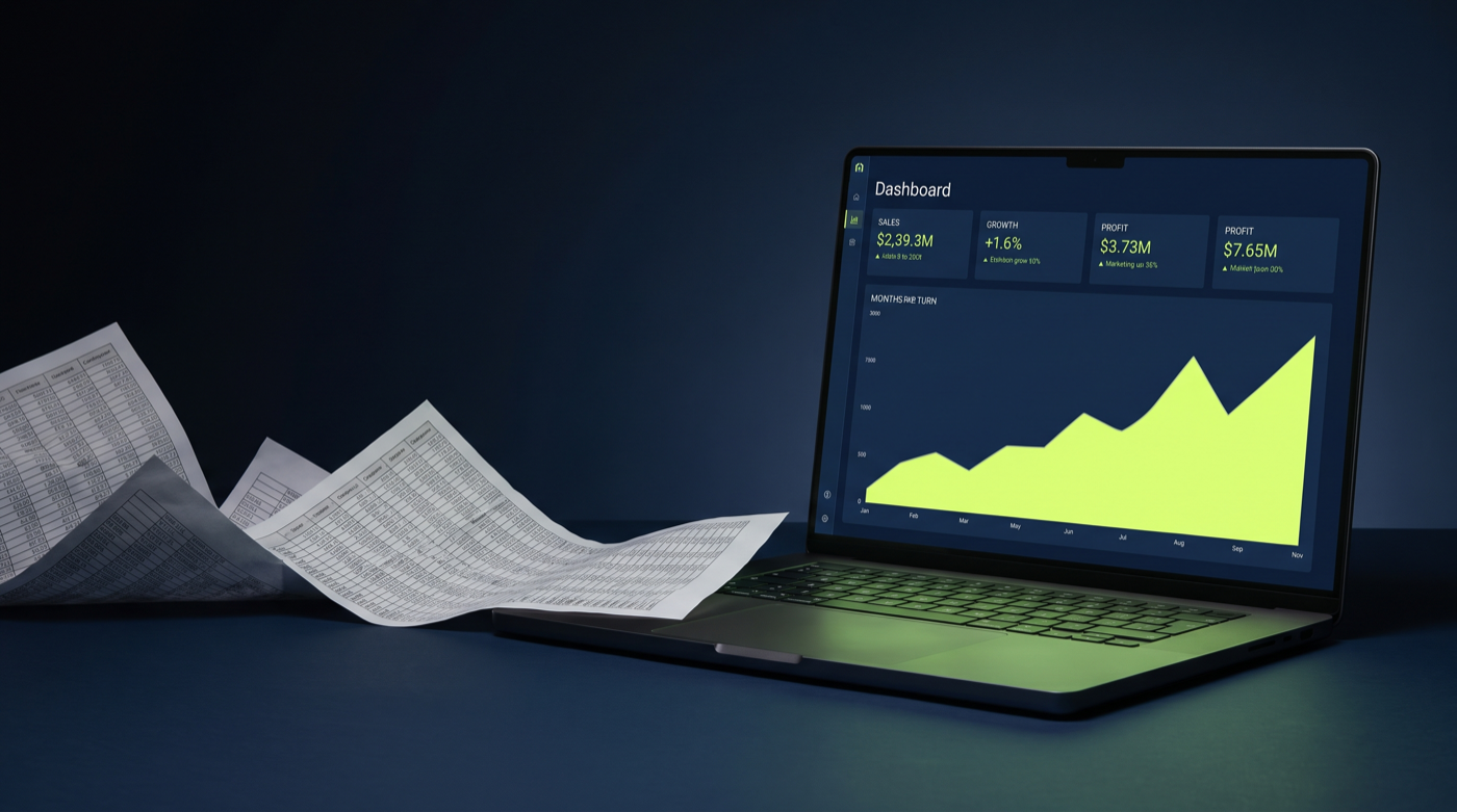 Een laptop toont een helder dashboard met een groene grafiek, terwijl rommelige Excel-bladen ernaast wegkrullen.