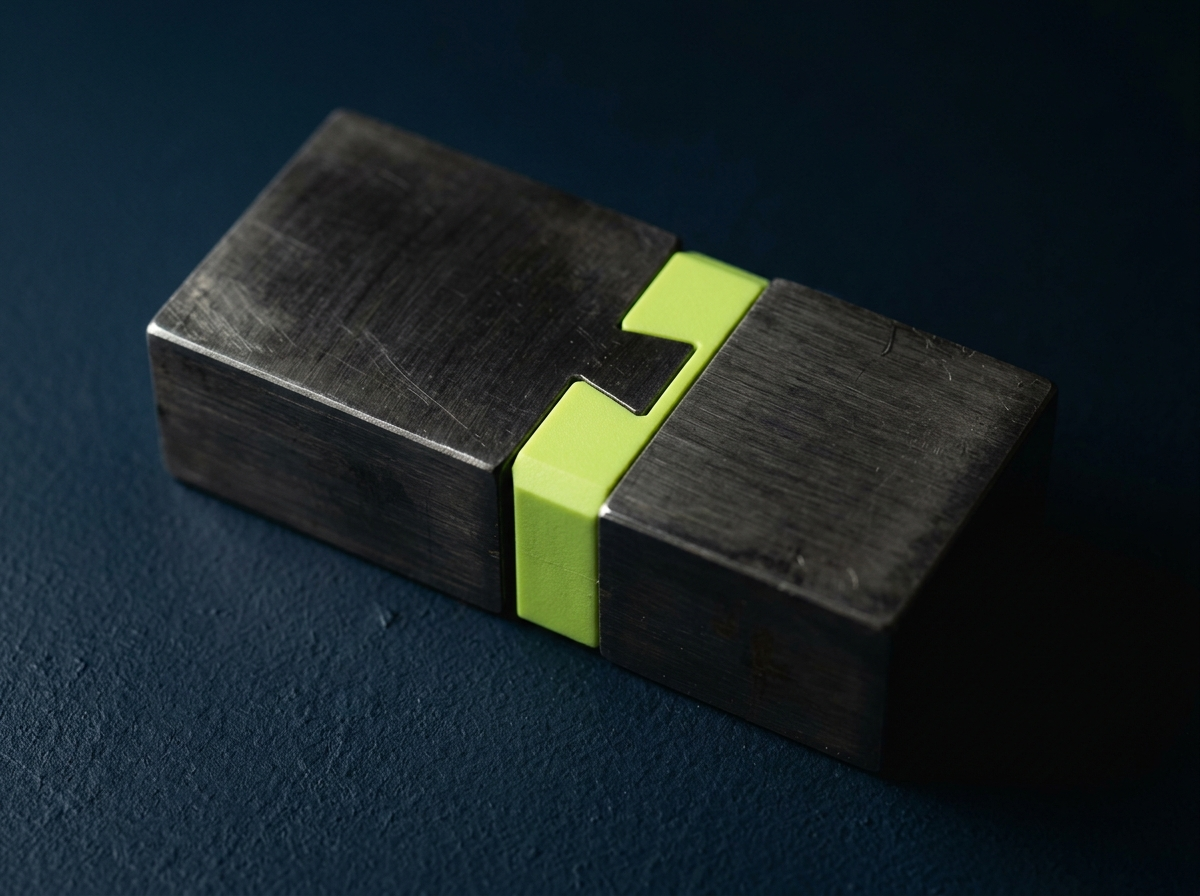 Two brushed steel blocks on a matte navy surface, locked together by a single neon green dovetail joint