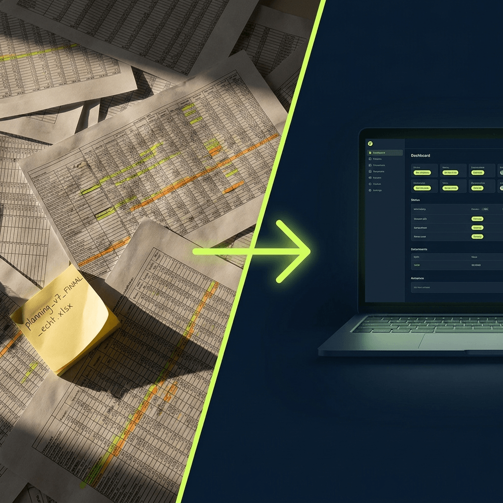 Links een stapel rommelige Excel-bladen, met een pijl naar een laptop met een overzichtelijk dashboard op maat.