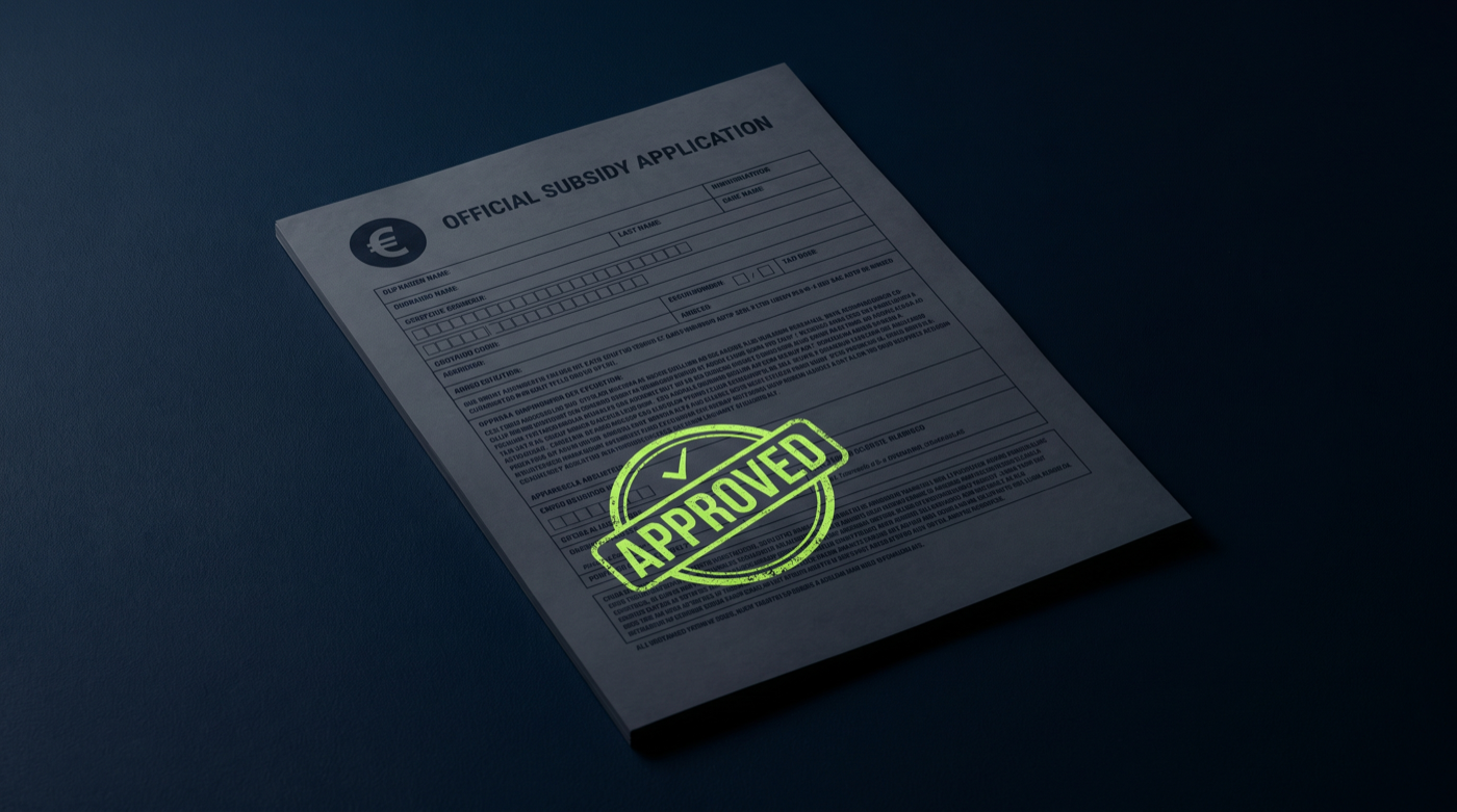 Subsidiedocument met een eurosymbool en een goedkeuringsstempel in neongroen, voor de kmo-portefeuille.