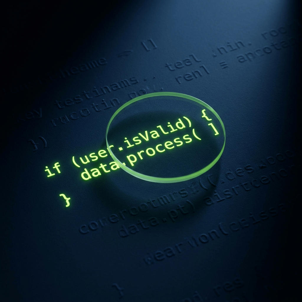 Regel code onder een vergrootglas met de tekst if user is valid, data process.