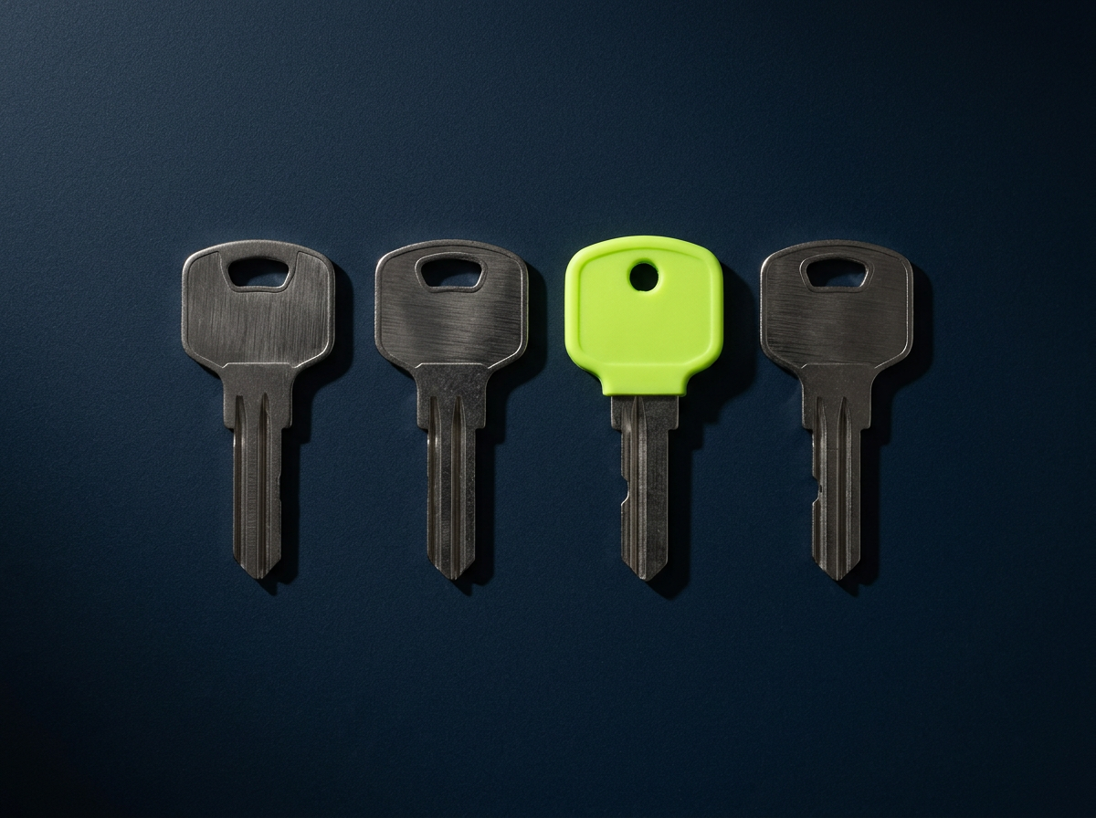 Four steel keys in a row on a matte navy surface, one with a neon green key cap