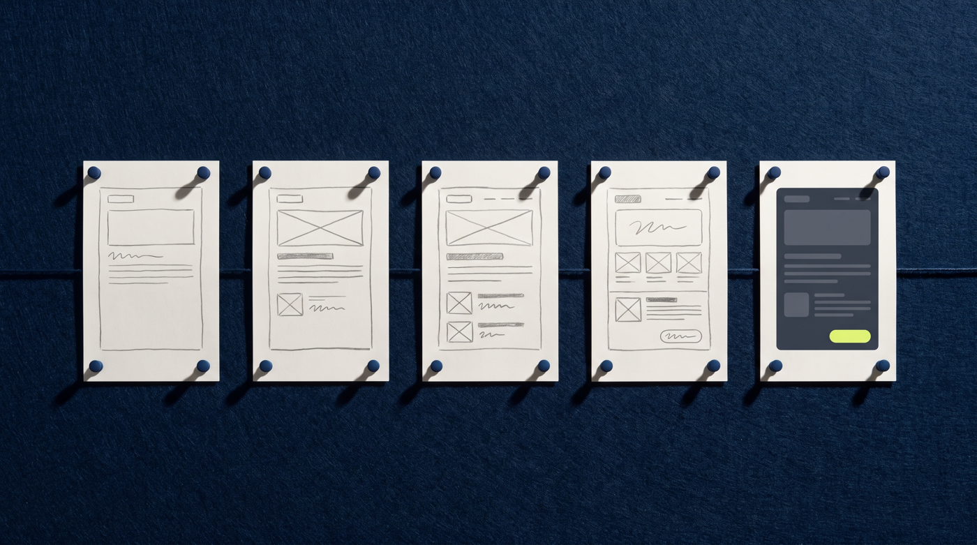 Vijf wireframe-vellen op een donkerblauw prikbord, van ruwe schets tot afgewerkt scherm met een neongroene knop