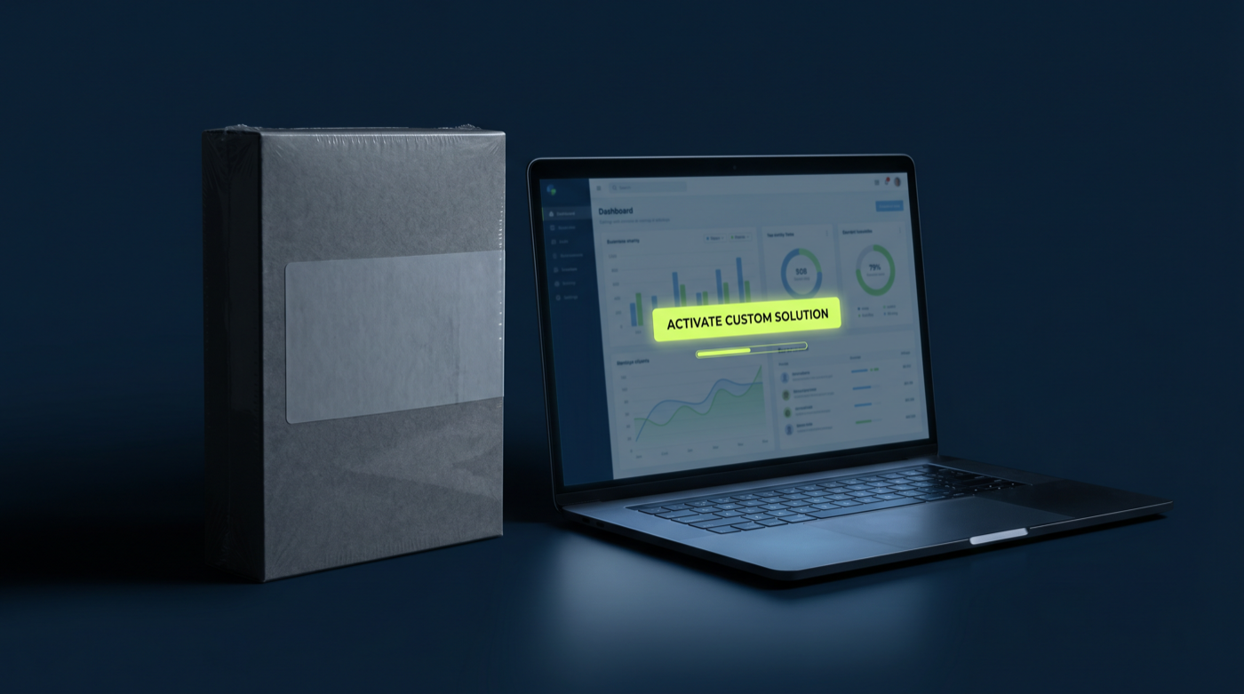 Links een grijze standaard softwaredoos, rechts een laptop met een app op maat en een groene knop.