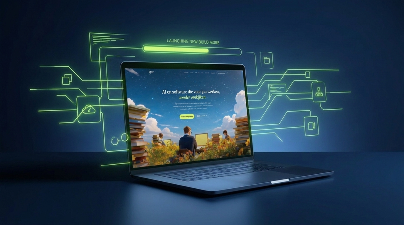 Laptop met de nieuwe Build More homepage, via neongroene flowlijnen verbonden met systemen rondom, op een donkerblauwe achtergrond