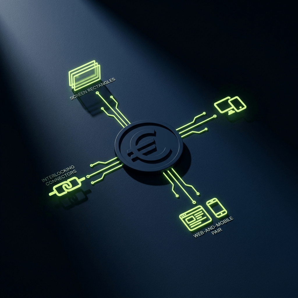 Oplichtend euroteken in het midden met groene circuitlijnen naar verschillende apparaten.