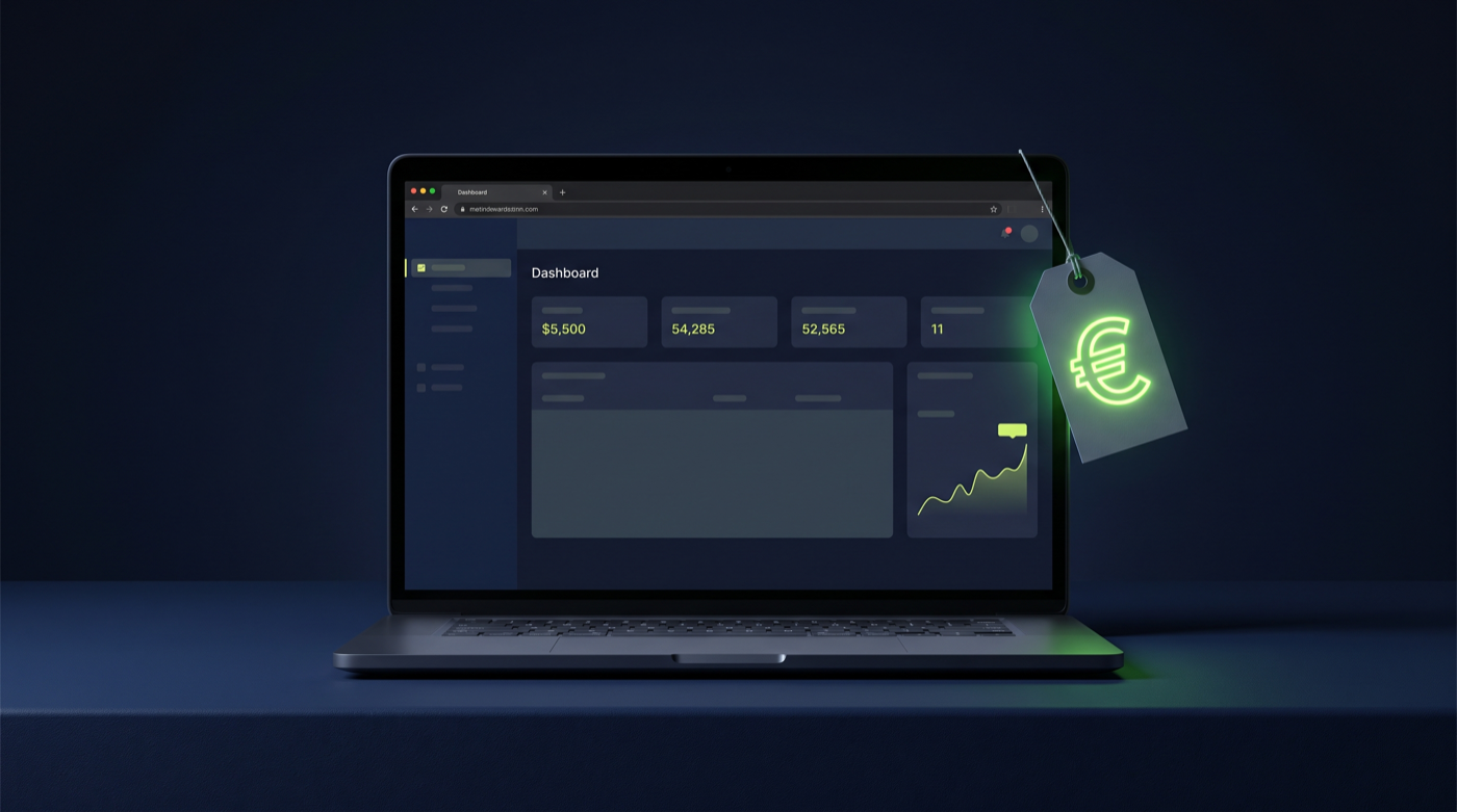 Een laptop met een webapplicatie in een browser en een prijskaartje met een groen oplichtend euroteken.