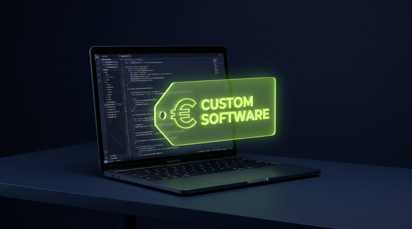 Een laptop met een code-editor en een groen prijskaartje met euroteken voor software op maat.