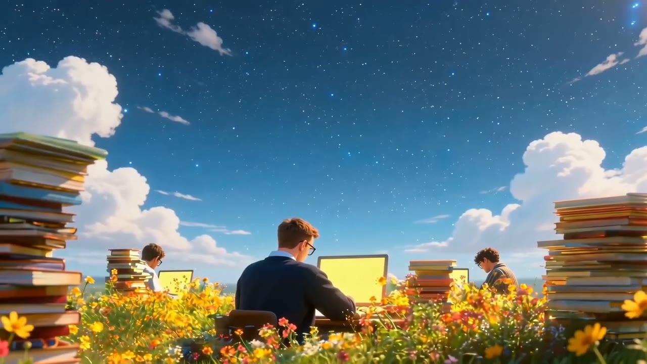 Drie ontwikkelaars van Build More werken op hun laptop in een bloemenveld onder een sterrenhemel, omringd door stapels boeken.