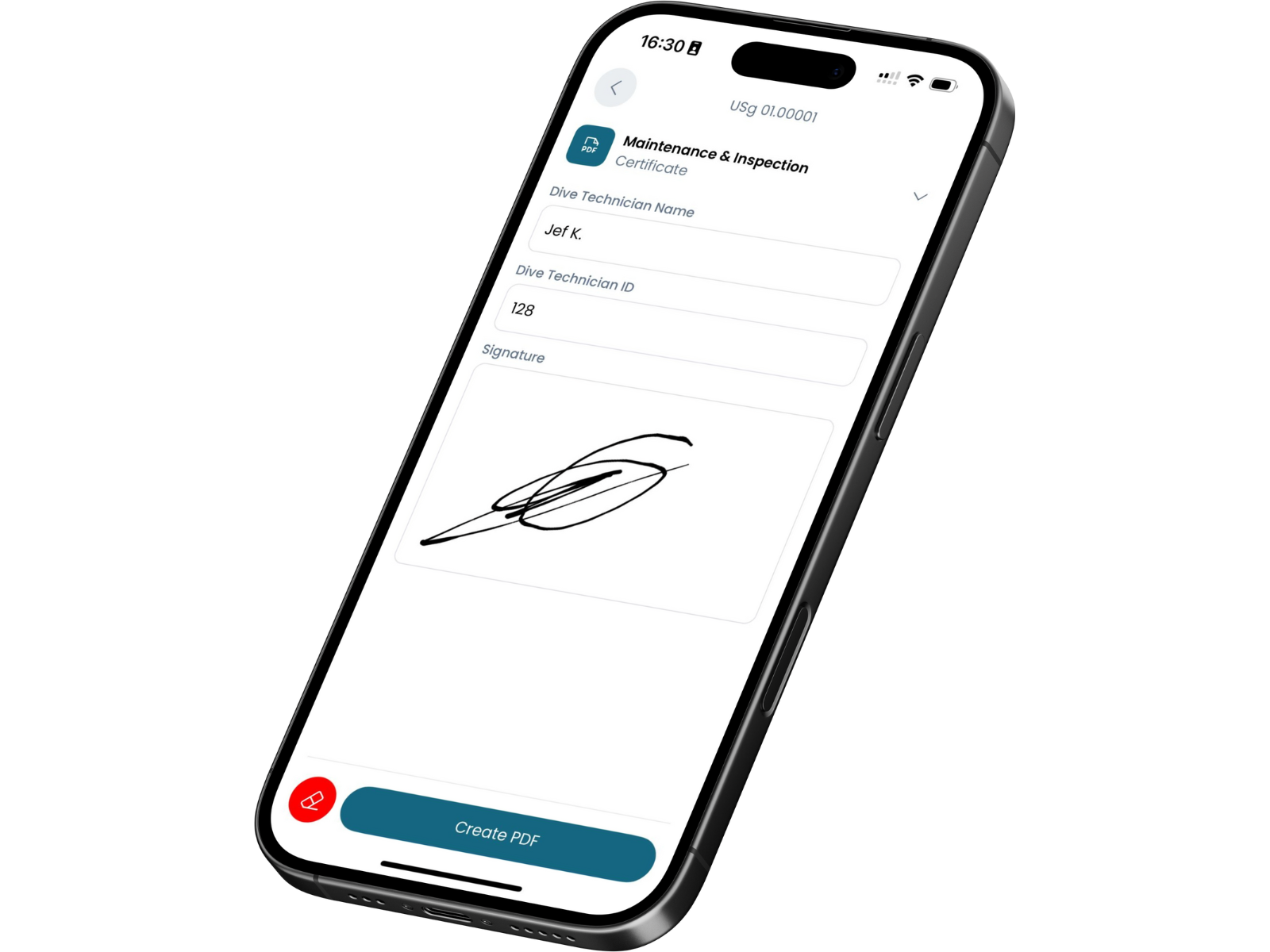 Onderhouds- en inspectiecertificaat in de mobiele app, met handtekening van de duiker en één klik naar PDF