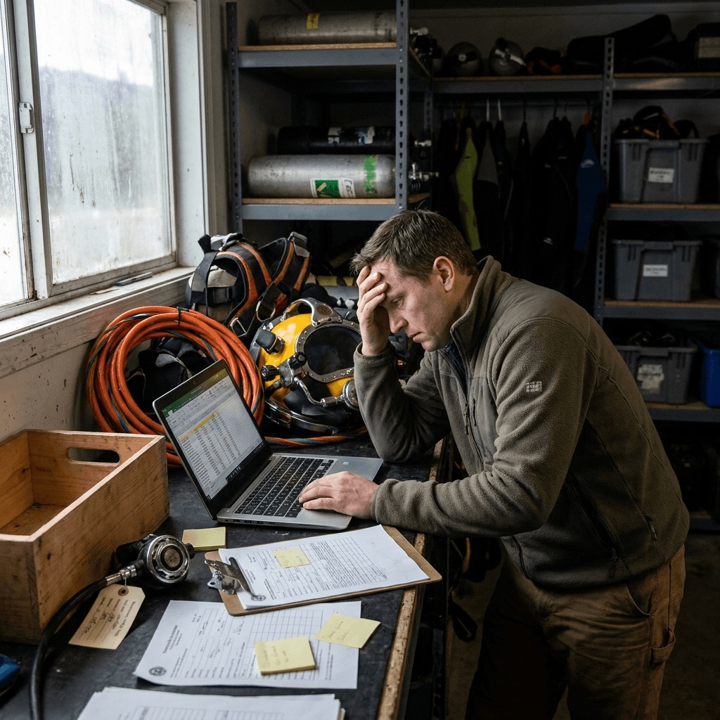 Duiker van Antwerp Underwater Solutions zoekt in Excel-lijsten en papierwerk tussen het duikmateriaal in het magazijn