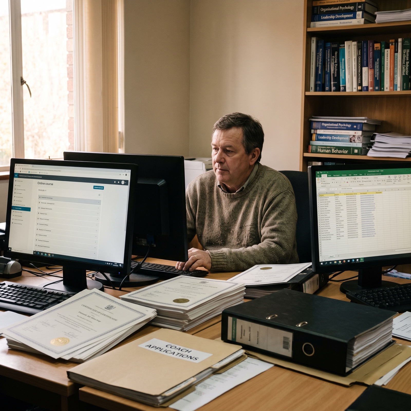 Programmaverantwoordelijke van een opleidingsinstituut tussen een star standaardplatform op het ene scherm en een losse contactenlijst op het andere, met stapels certificaten en coachdossiers op het bureau