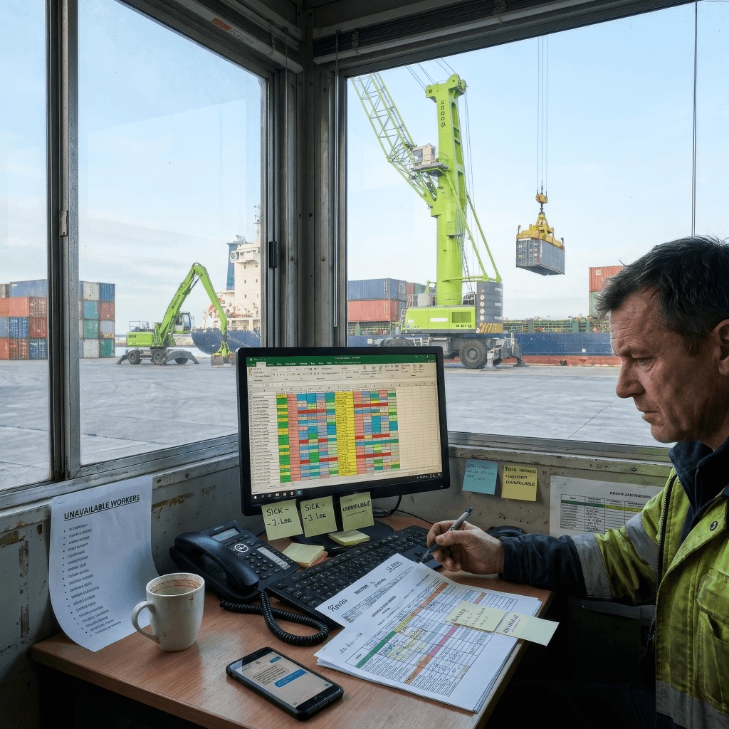 Project manager van Goeyvaerts-R maakt handmatig planning in Excel met papieren schema's, kraan op de werf door het raam