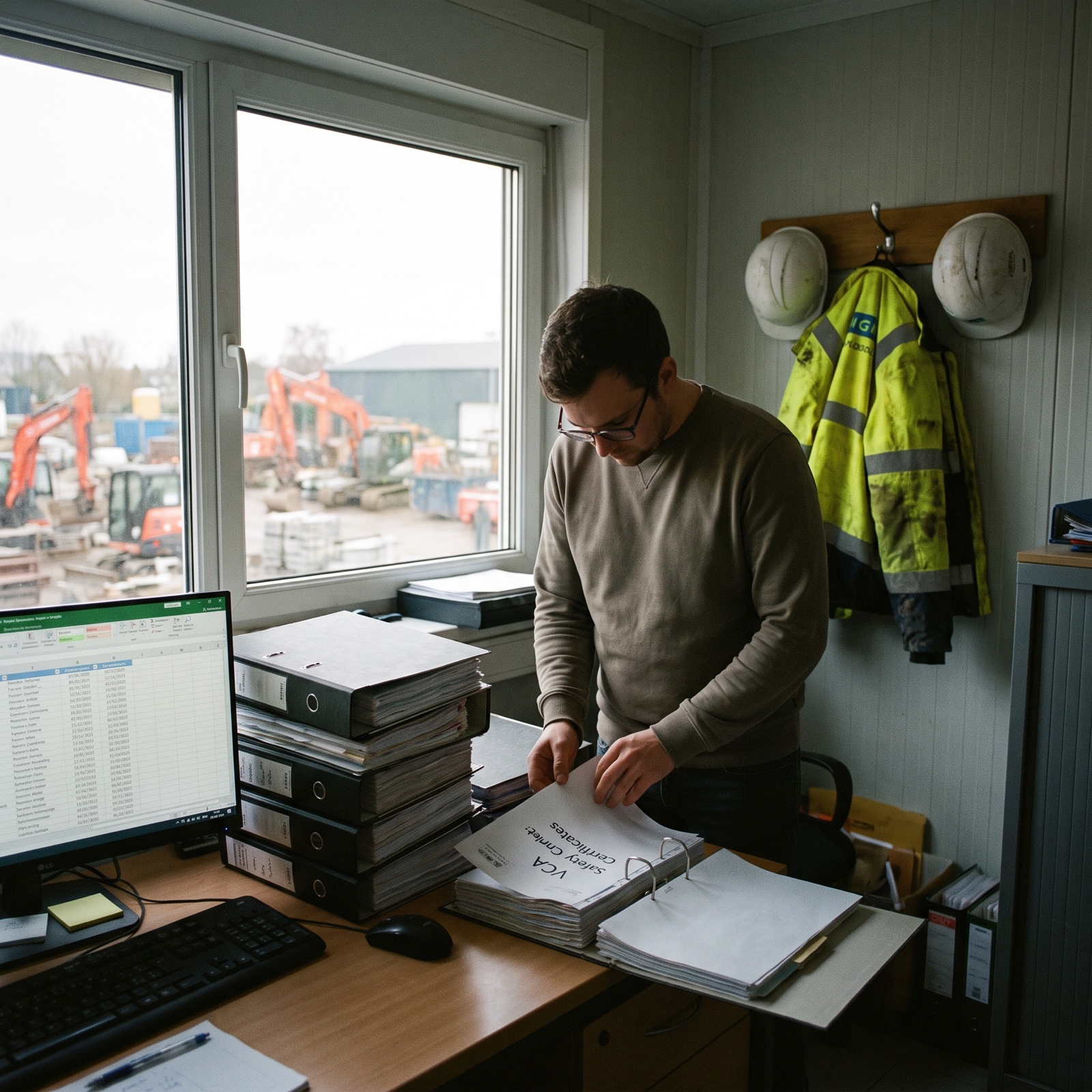 HR-medewerker van Goeyvaerts-R zoekt een VCA-attest op in een map vol certificaten, naast een Excel-lijst met vervaldatums op het scherm