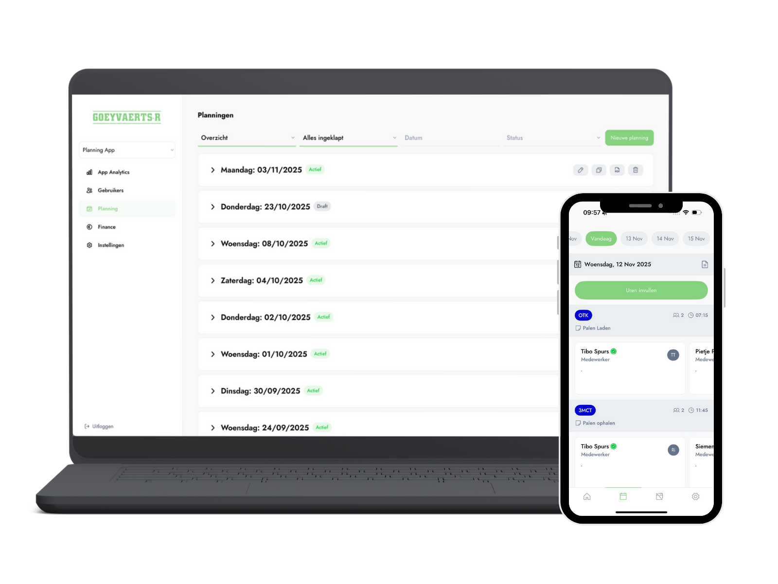 Planning-app van Goeyvaerts-R met het weekoverzicht, naast de mobiele dagplanning waarin een medewerker zijn uren invult