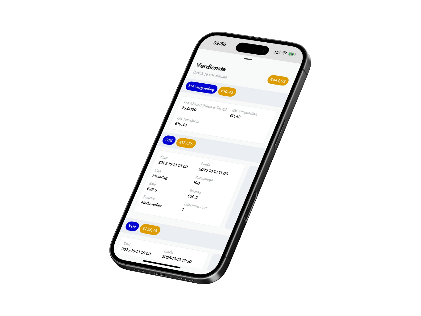 Automatisch berekende verdienste van een medewerker in de mobiele app, met kilometervergoeding en uren per opdracht
