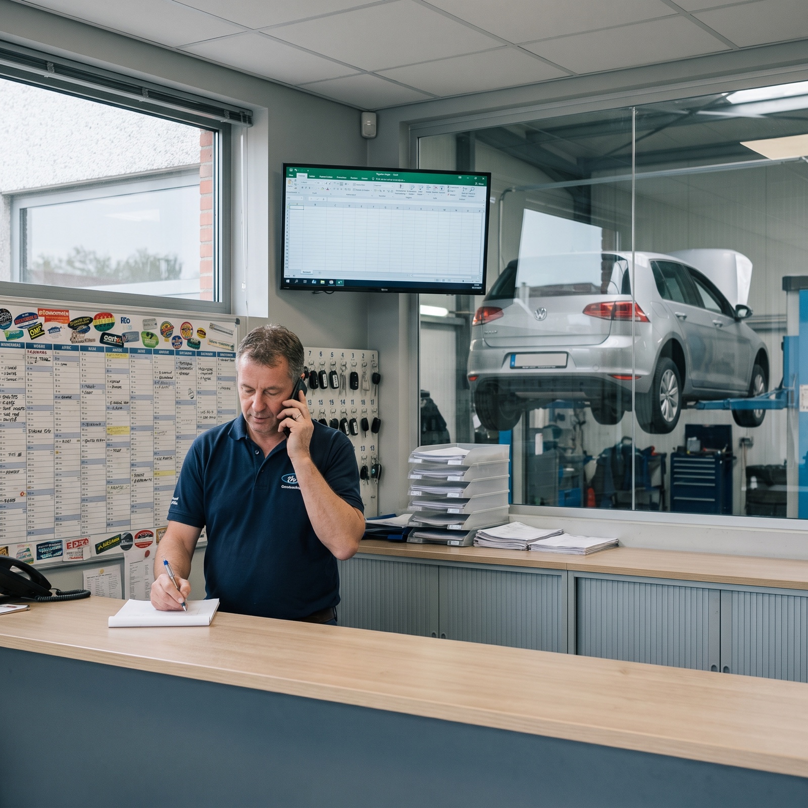 Serviceverantwoordelijke van een garage schrijft een offerte met de hand uit aan de balie, met de planning op een papieren wandkalender en de werkplaats achter het glas