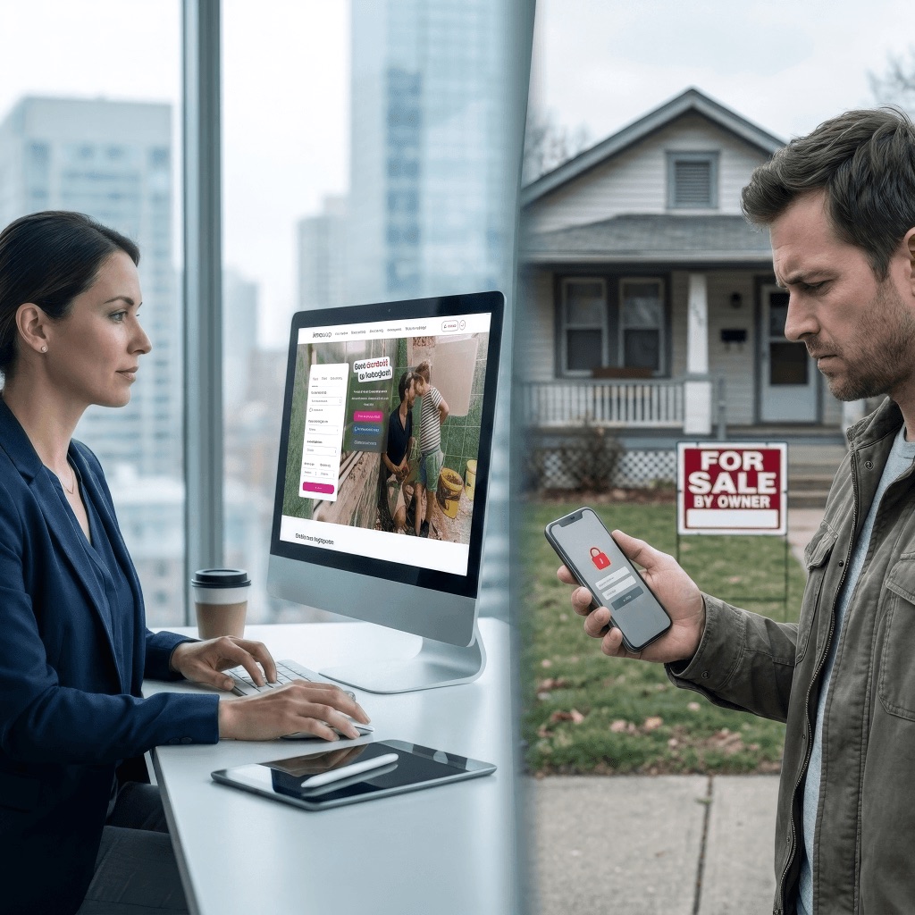 Makelaar achter het Immoscoop-platform op desktop, naast een particulier die zijn eigen woning te koop zet met een bord in de tuin