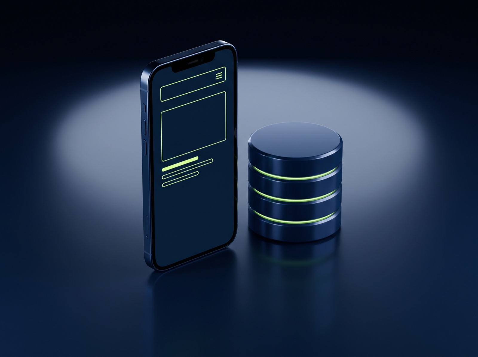 Een smartphone met een wireframe-interface naast een database, in de huisstijlkleuren