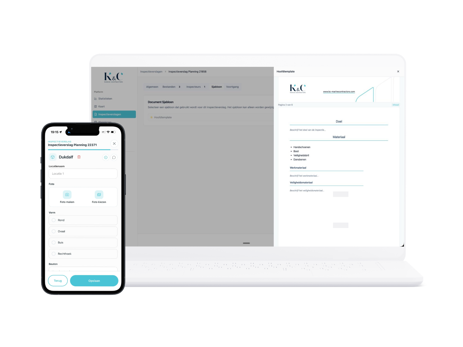 Admin-dashboard van K&C Marine Contractors met een inspectiesjabloon, naast het mobiele scherm waarmee een duiker zijn inspectieverslag ter plaatse invult