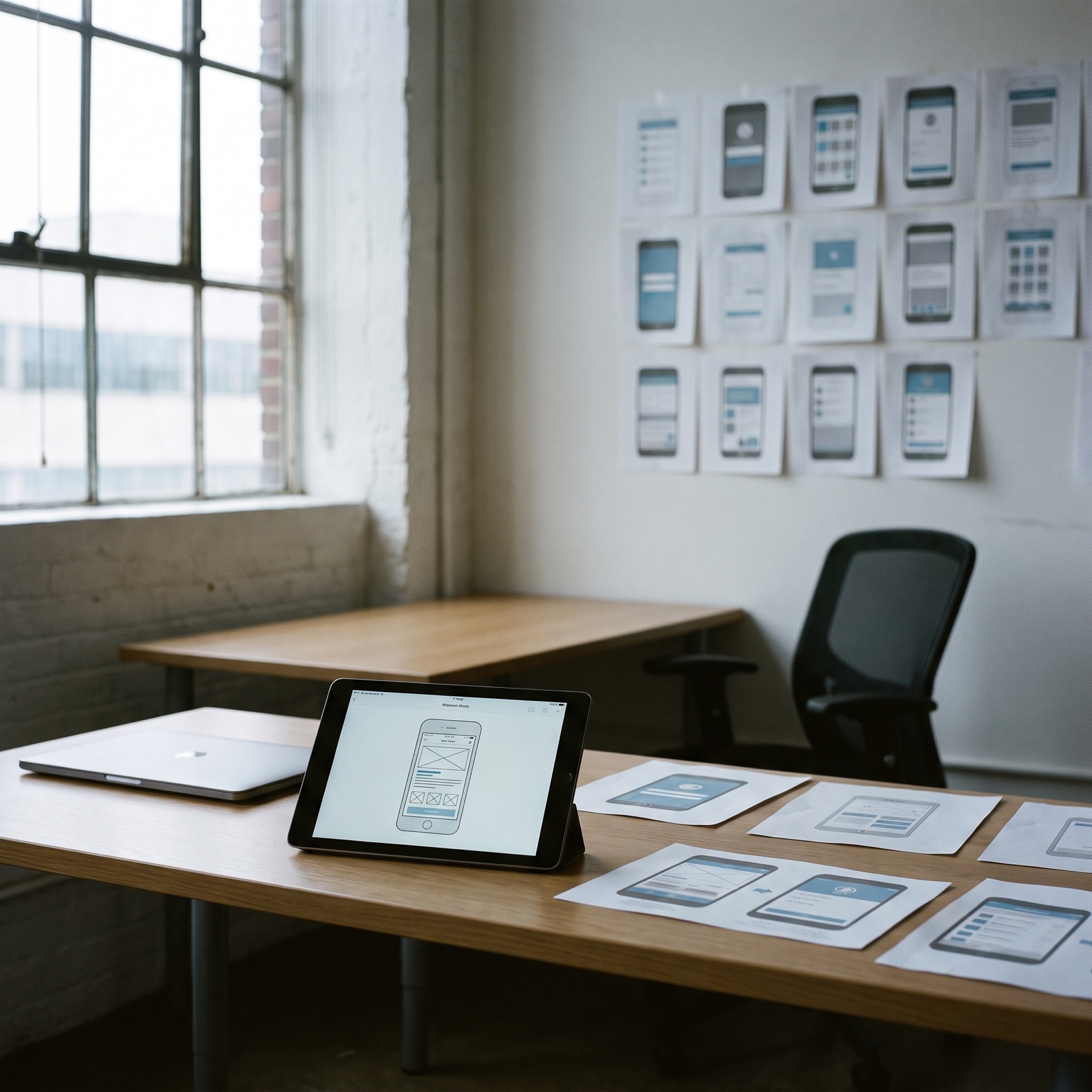 Uitgeprinte schermontwerpen van de Kigami-app hangen op de kantoormuur en liggen op het bureau, naast een tablet met een volgend scherm en een lege werkplek ernaast