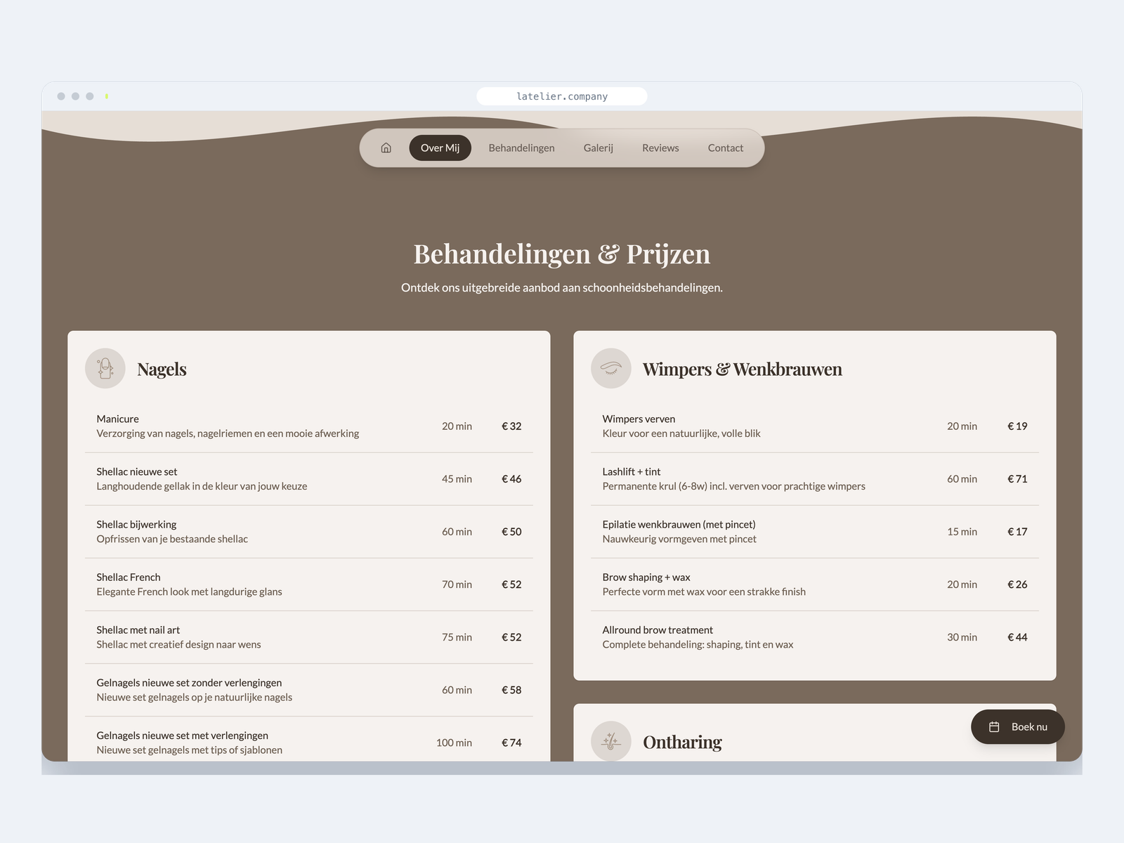 Het overzicht Behandelingen en prijzen op de site van L'Atelier, met per behandeling de duur en het bedrag