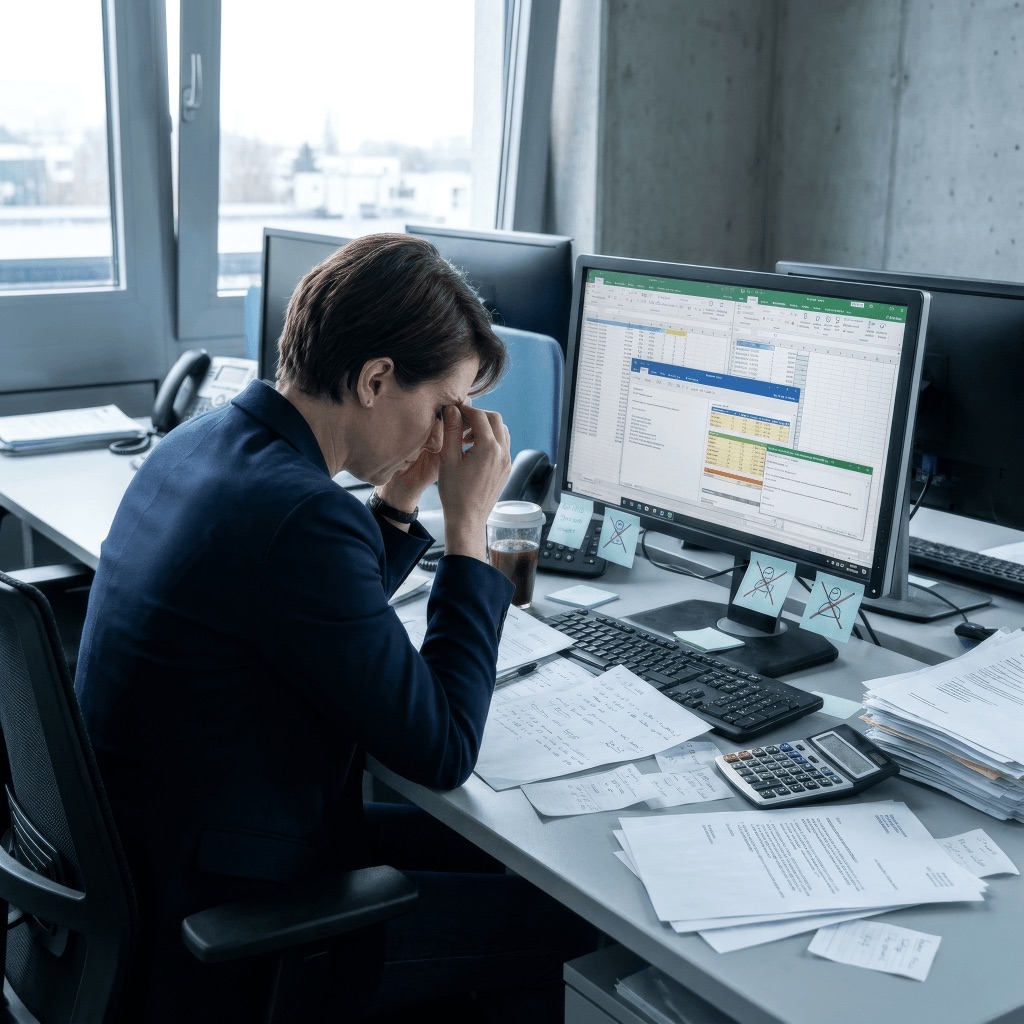 Medewerker van de facturatiedienst overweldigd aan een bureau vol papieren timesheets en Excel op het scherm