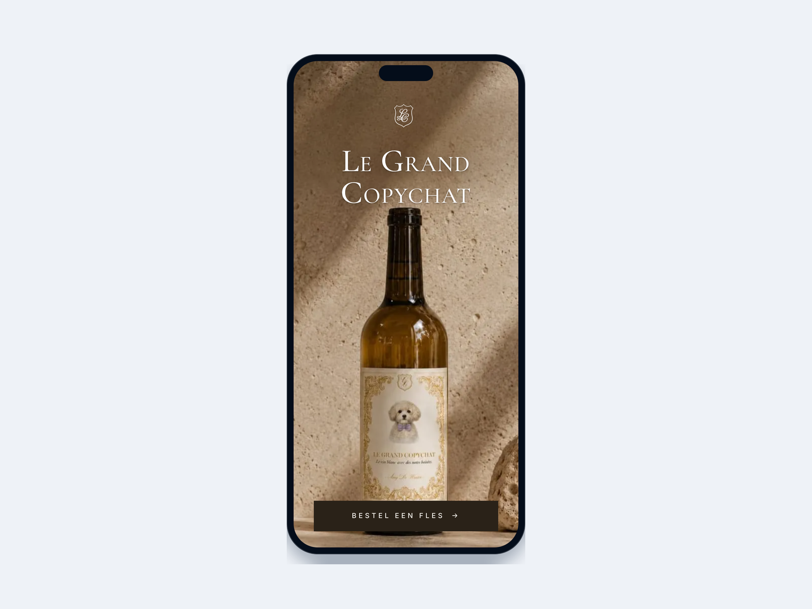 De lanceersite van Le Grand Copychat op een telefoon, met de knop naar de winkel