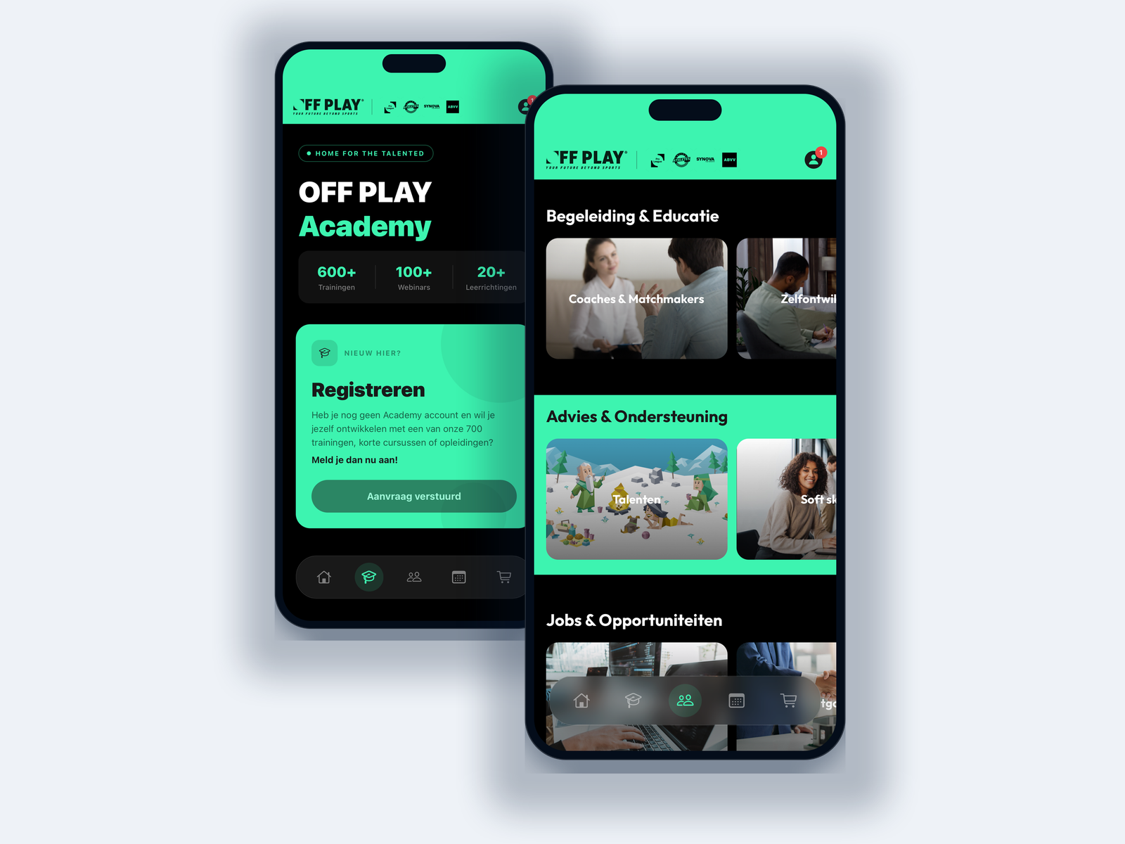 De OFF PLAY Academy en het scherm Begeleiding naast elkaar in de app, met coaches, opleidingen en vacatures