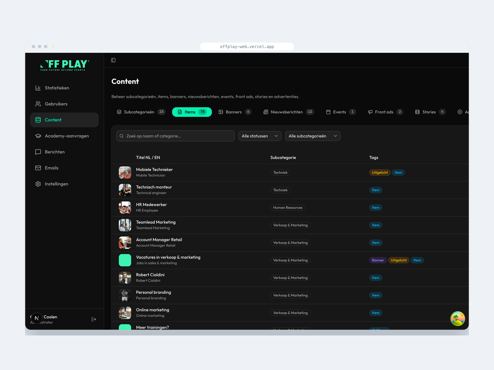 Het adminplatform van OFF PLAY in de browser, met de 75 items van de community per subcategorie