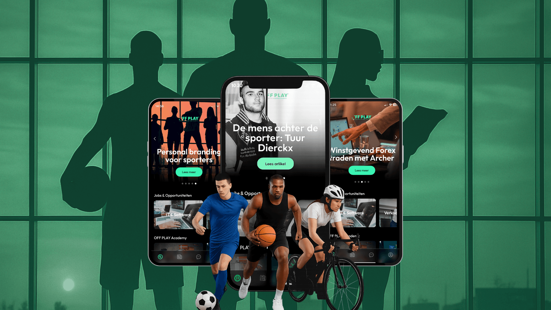 Drie telefoons met de OFF PLAY-app, tussen sporters in het groen van de huisstijl