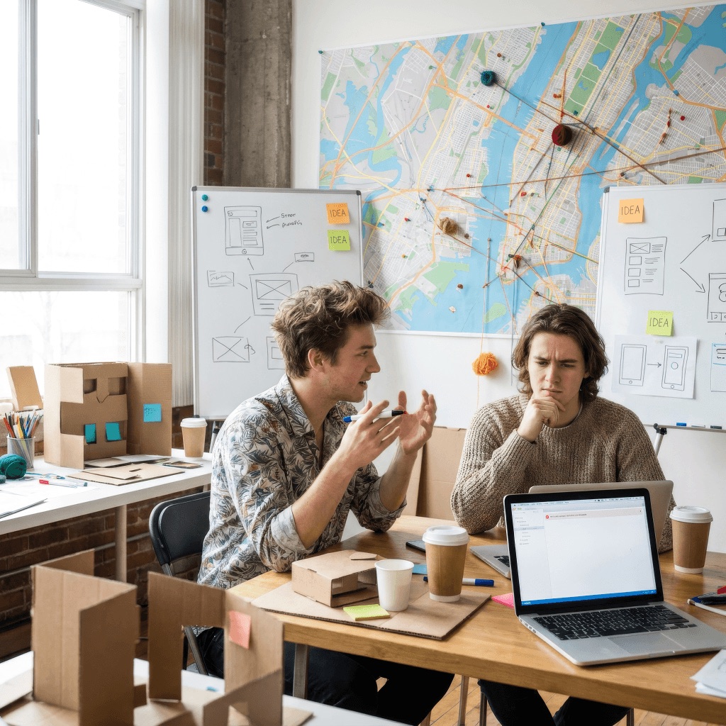 Oprichters van Pretence Games brainstormen over hun city games met stadskaart, post-its en schetsen, maar zonder IT-kennis in huis