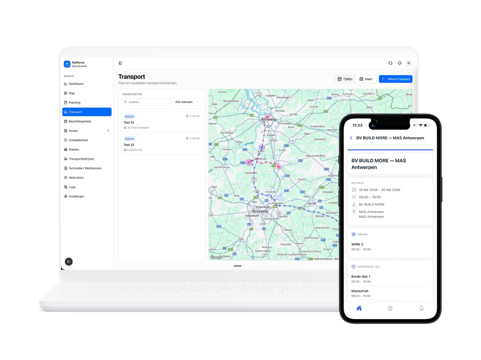 Transportplanning van Railforce op kaart, naast de mobiele werfbon die een transporteur via magic link ontvangt