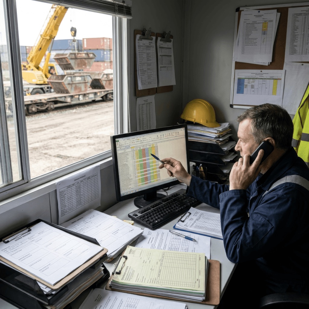 Planner van Railforce aan de telefoon tussen Excel-planning en papieren werkbonnen, met een spoorkraan op de werf door het raam