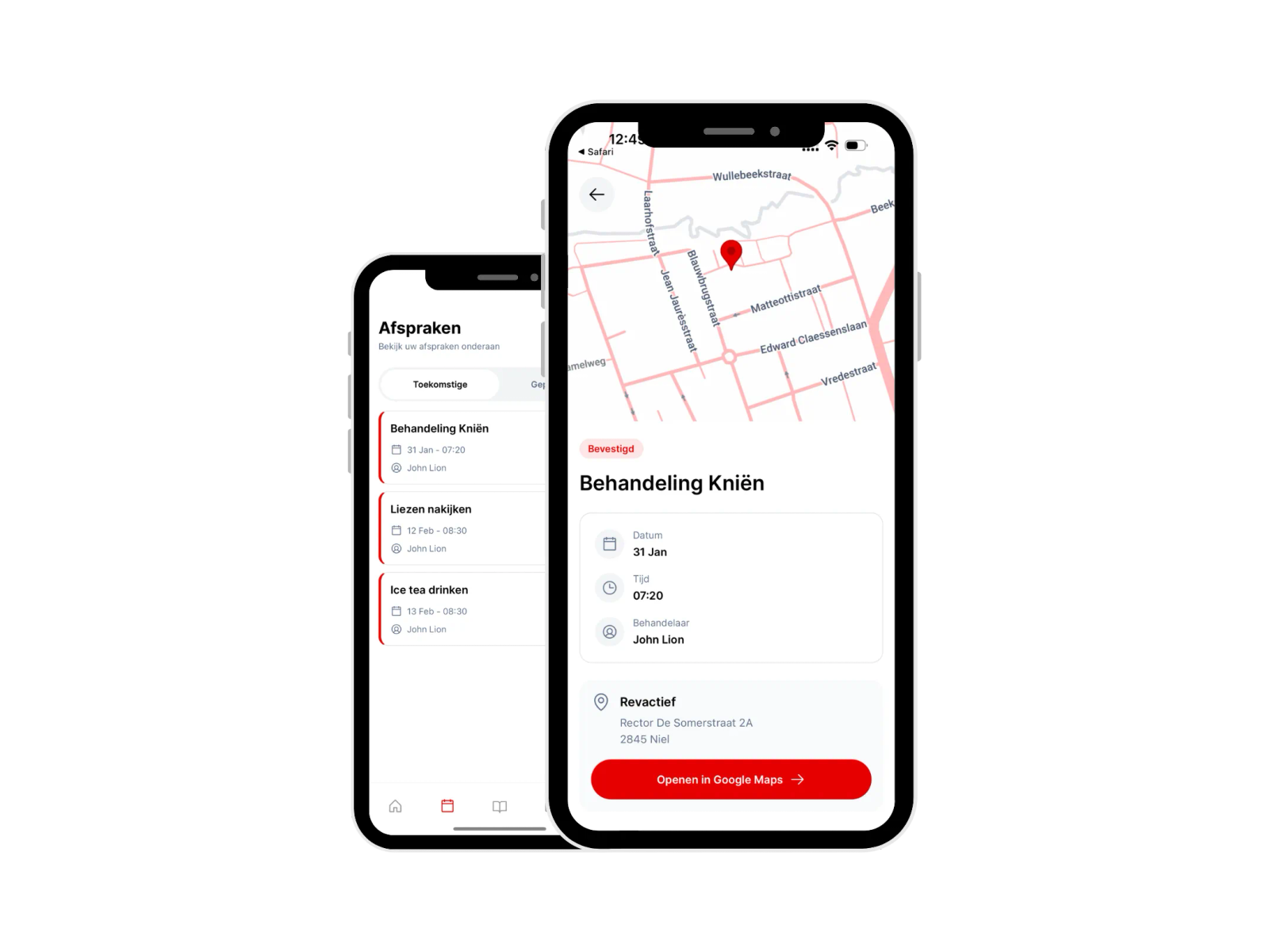 Het afsprakenoverzicht in de Revactief-app, met de details van de behandeling en de route naar de praktijk in Niel