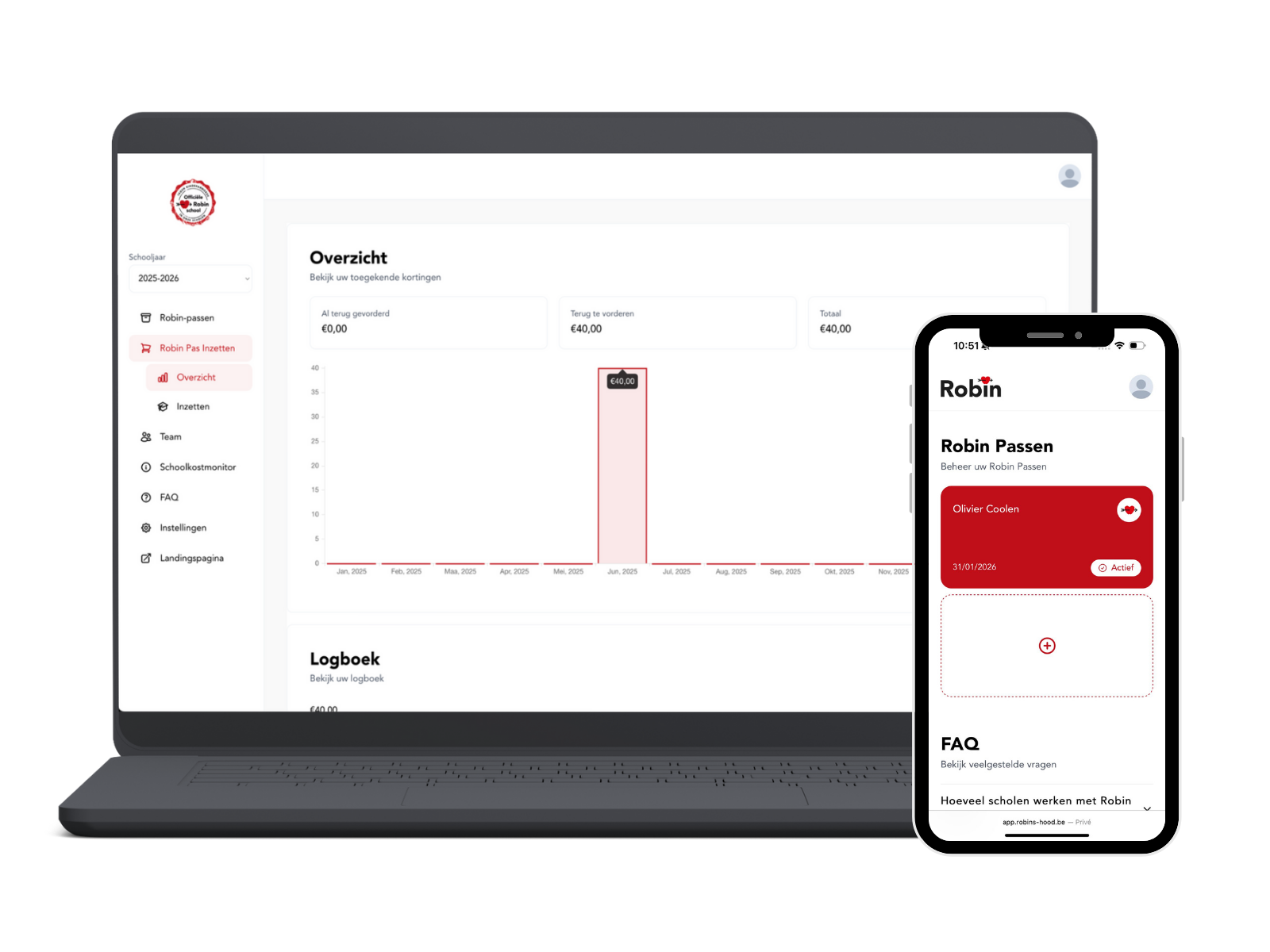 Schooldashboard van Stichting Robin met toegekende kortingen, naast de Robin Pas in de app van een pashouder