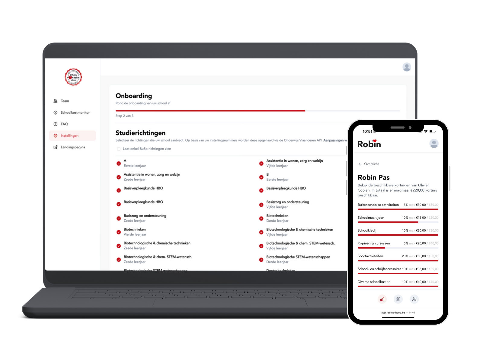 Onboarding van een nieuwe school in het Robin-platform, naast het overzicht van de Robin Pas-kortingen per categorie