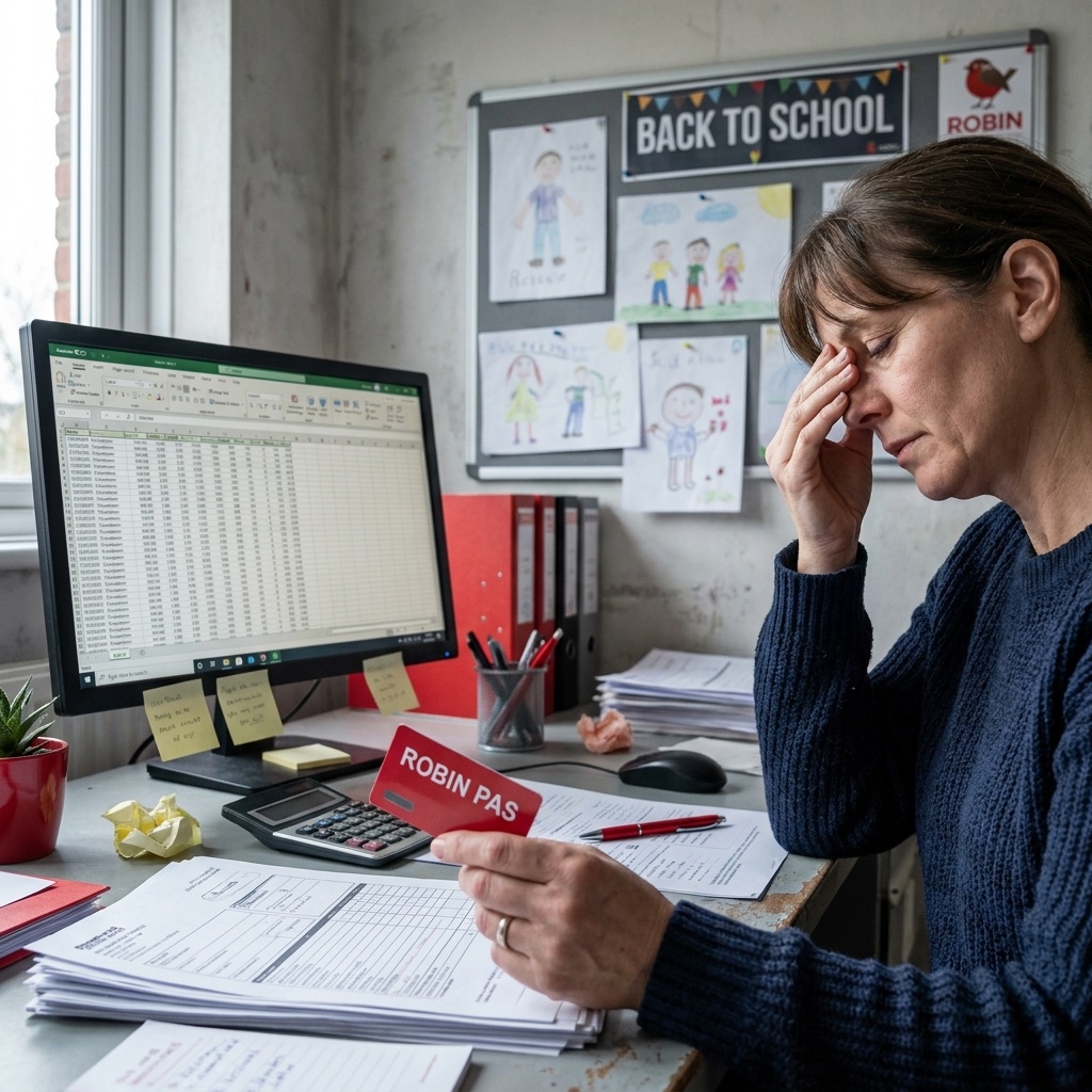 Medewerker verwerkt Robin-pasaanvragen handmatig in Excel, met rekenmachine en papierwerk op het bureau