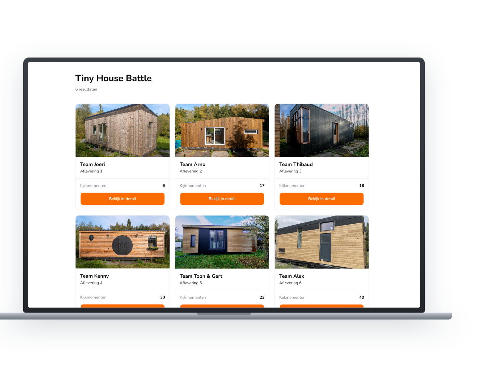 Overzicht van de zes tiny houses in de webapp, elk met de aflevering, het aantal kijkmomenten en een knop naar de detailpagina