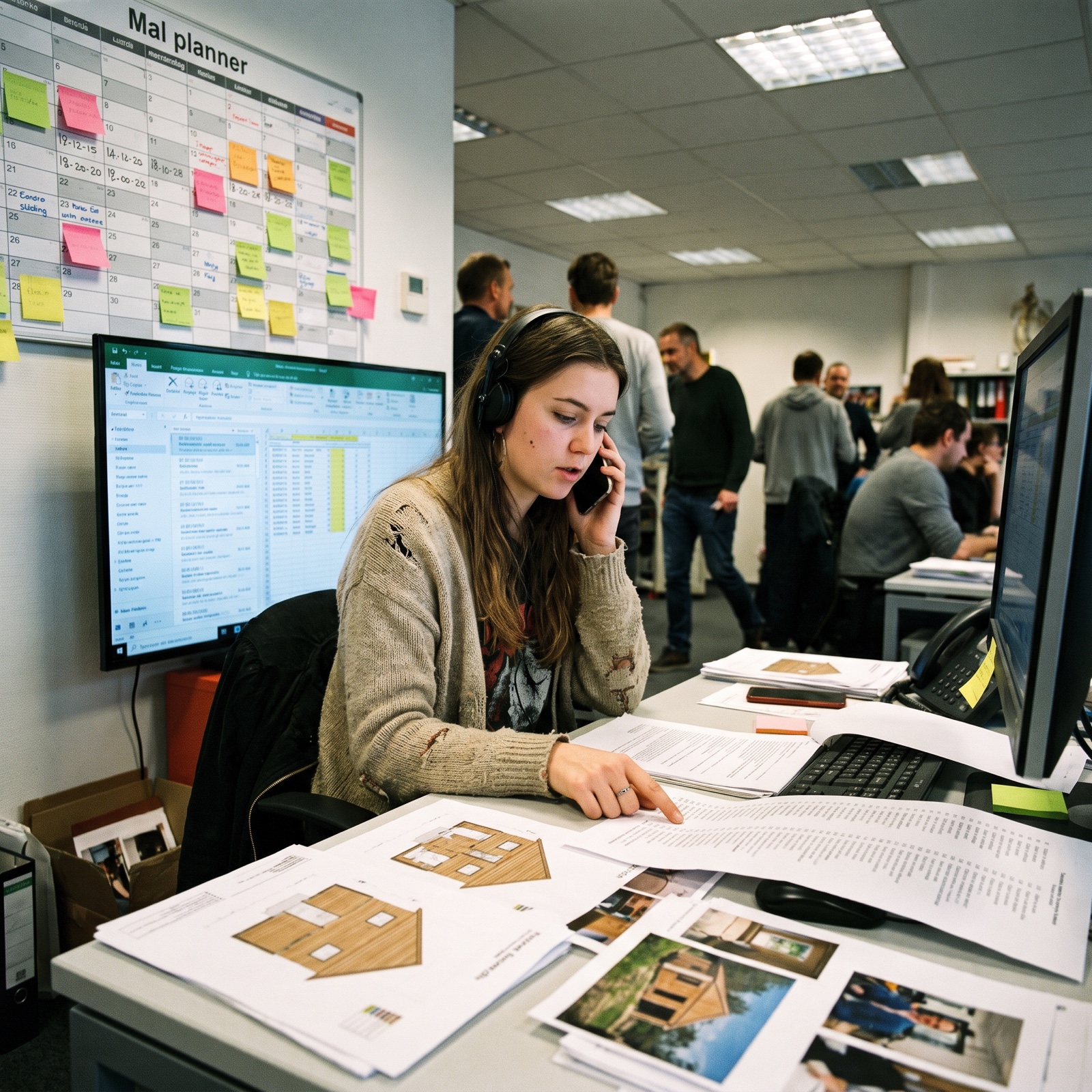 Productiemedewerker van het tv-programma houdt de bezoekaanvragen bij op een geprinte lijst, tussen een wandplanning met uitzenddata en losse plannen van de tiny houses