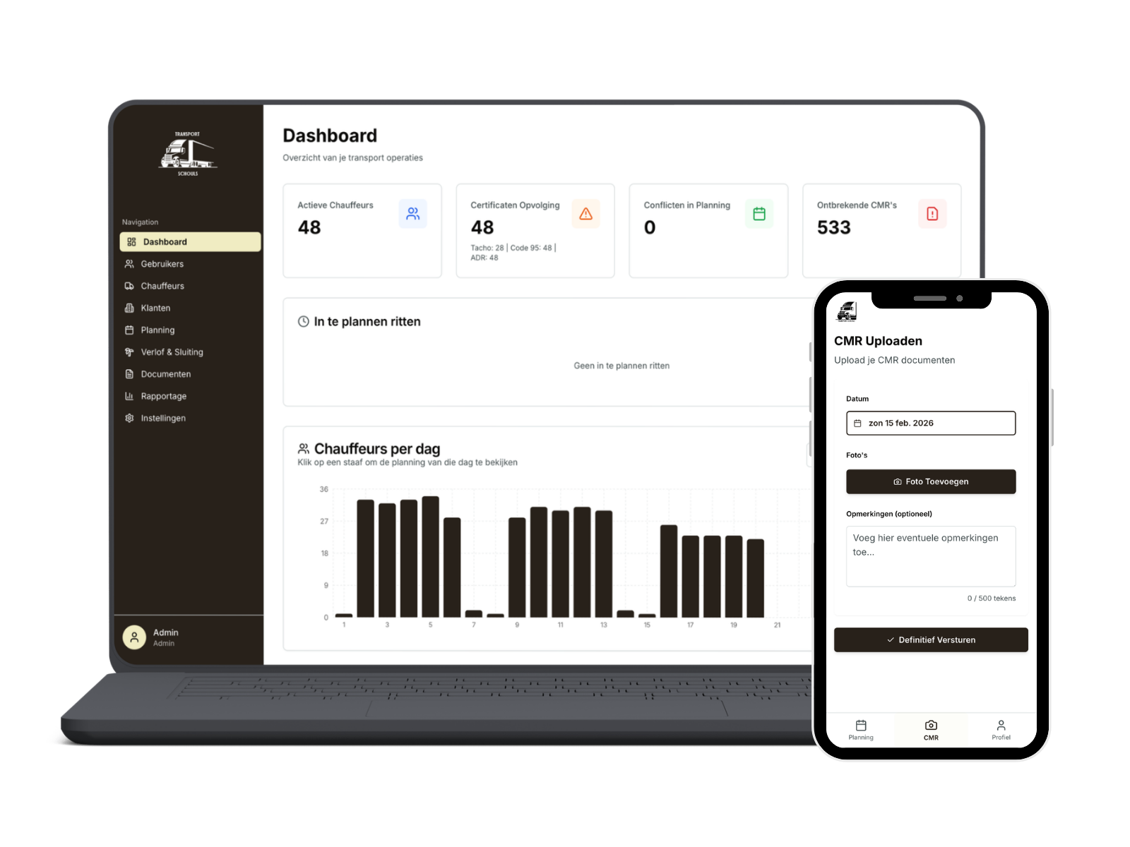Dashboard van Transport Schouls met automatische conflictdetectie in de planning, naast het scherm waarmee chauffeurs een CMR uploaden via de mobiele app