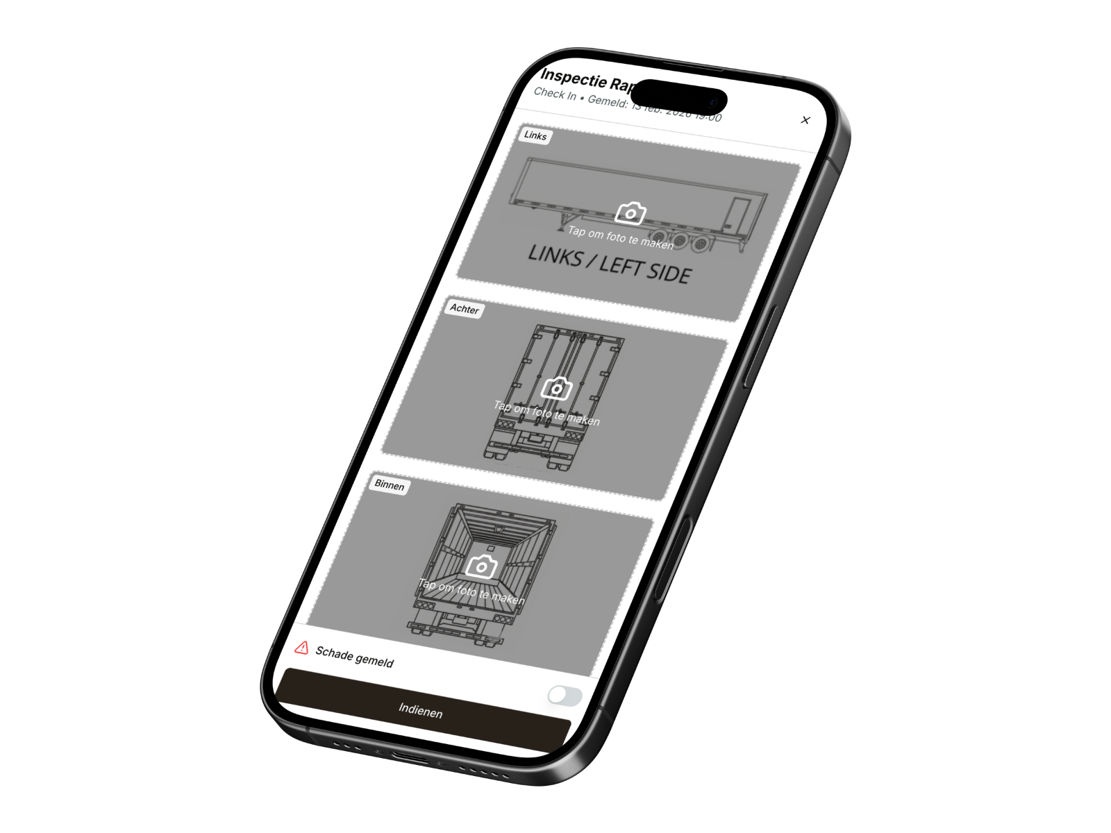 Inspectierapport in de mobiele app met foto's per zijde van de vrachtwagen en een schademelding