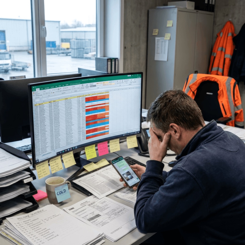 Planner van Transport Schouls tussen Excel-planning, CMR-papierwerk en WhatsApp op de telefoon