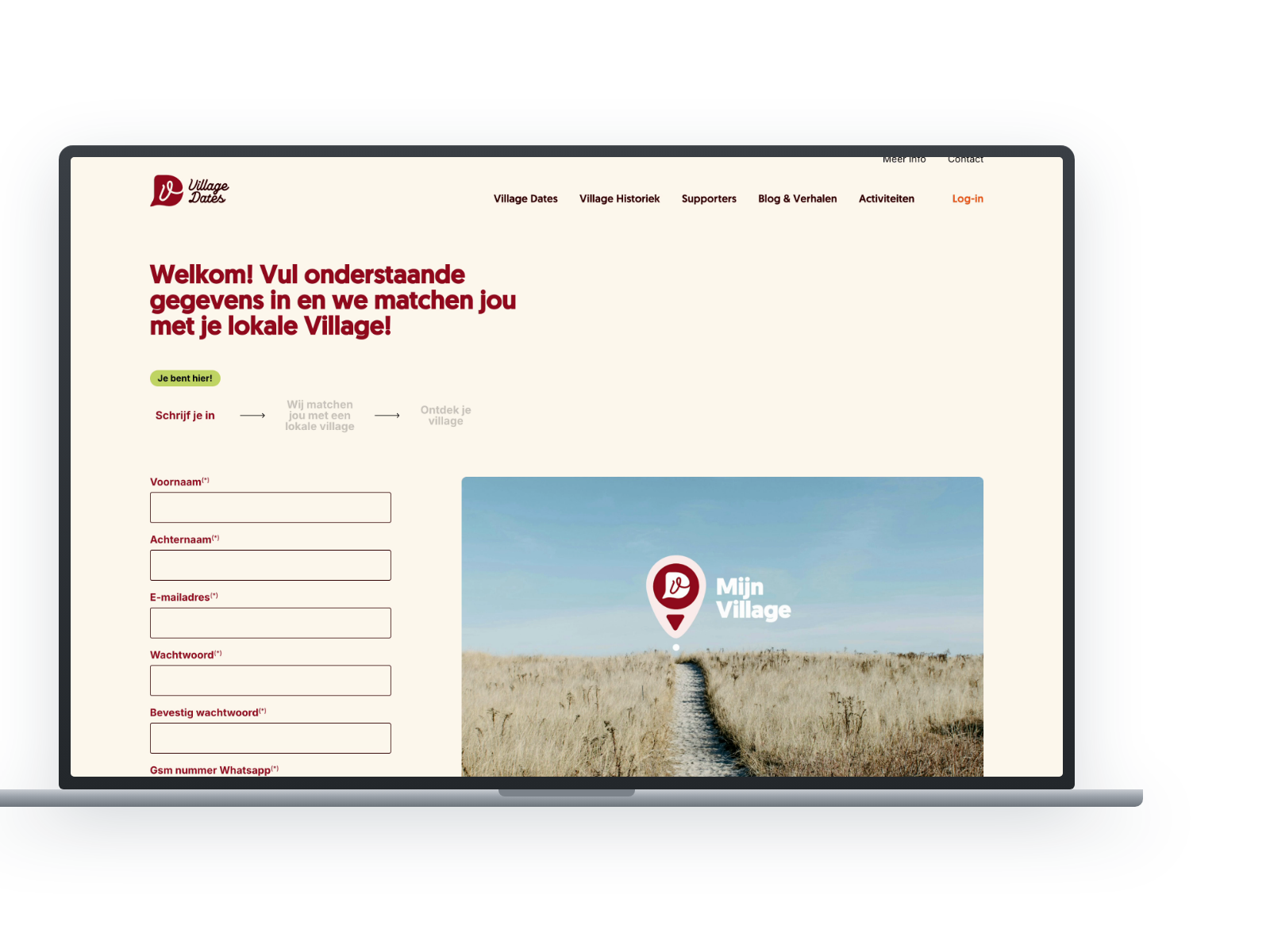Aanmeldflow van Village Dates waarin ouders hun gegevens invullen en het systeem hen daarna aan een lokale village koppelt