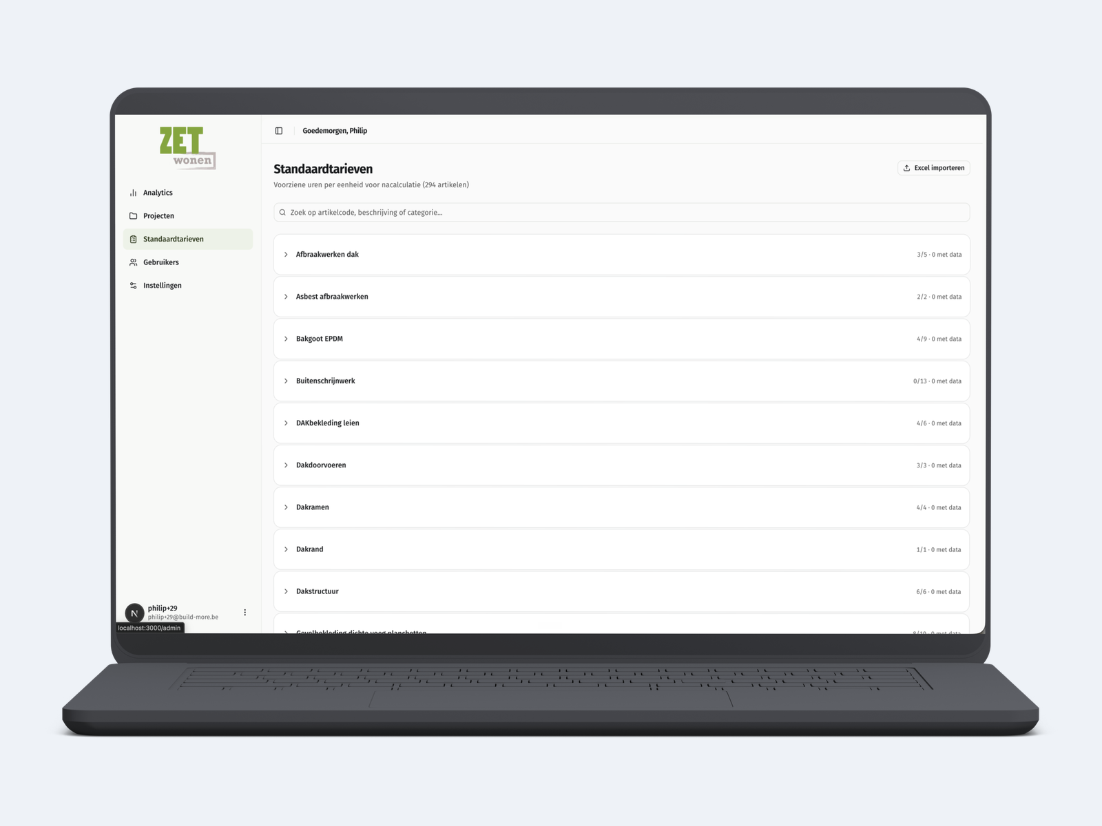 Het Standaardtarieven-scherm van de ZET Wonen-tool: voorziene uren per meetcode voor nacalculatie, met 294 artikelen en Excel-import