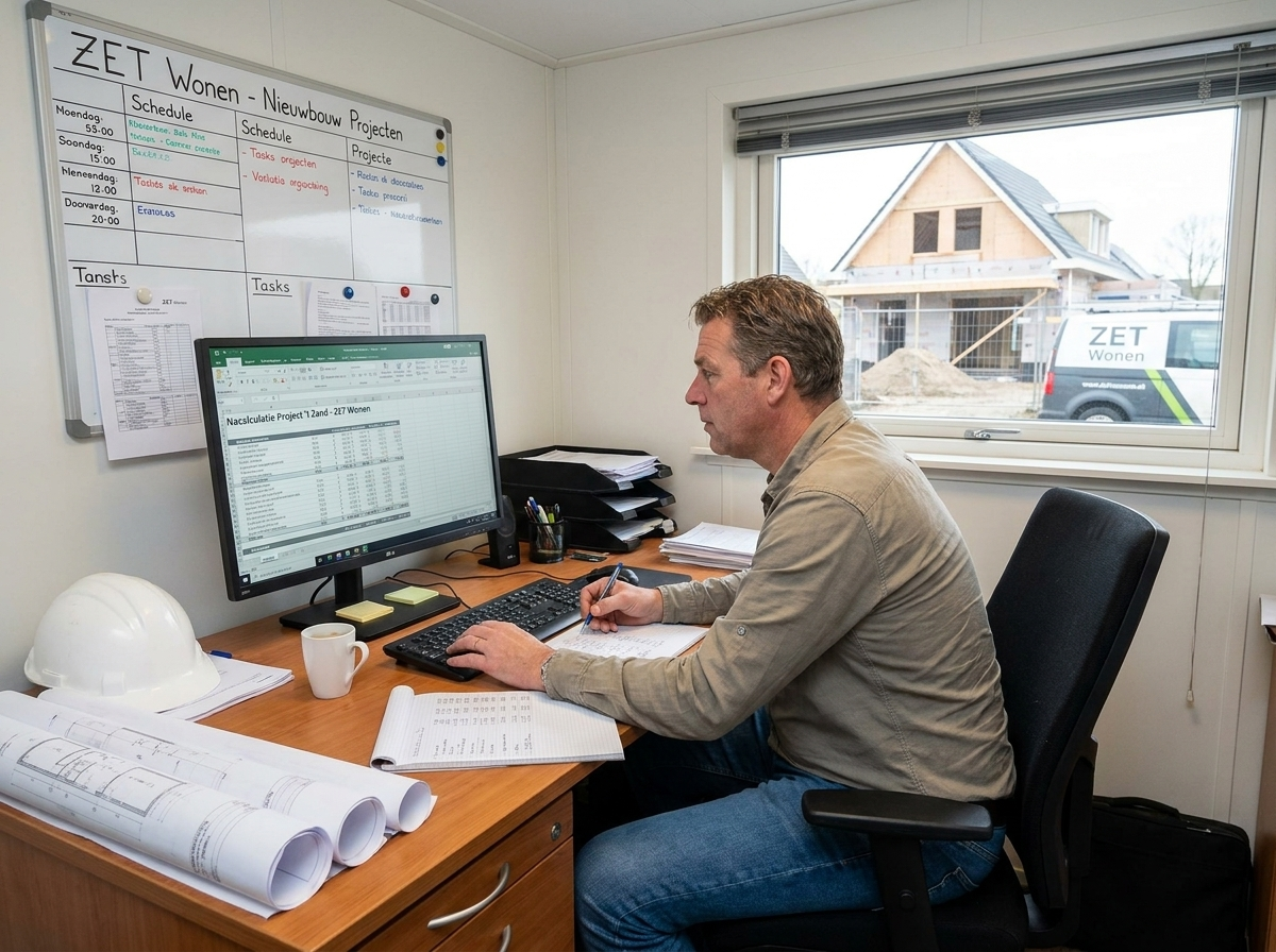 Nacalculatie in Excel in de werfkeet, met een nieuwbouwwerf en de ZET-camionette door het raam